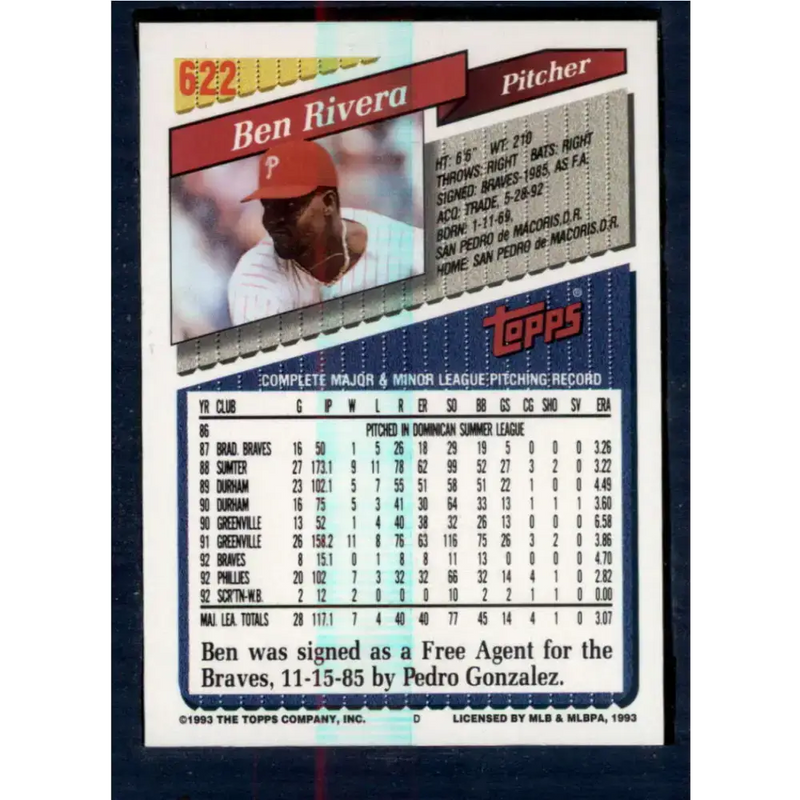 1993 Topps #622 Ben Rivera NM-MT Philadelphia Phillies Baseball Card - Baseball Card Single