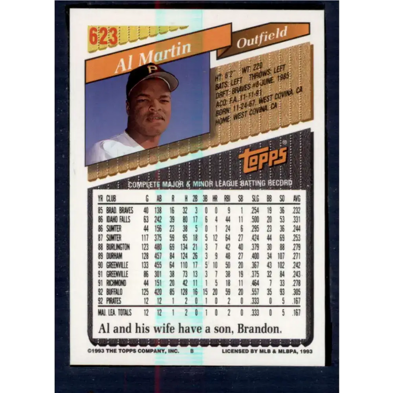 1993 Topps #623 Al Martin NM-MT Pittsburgh Pirates Baseball Card - Baseball Card Single