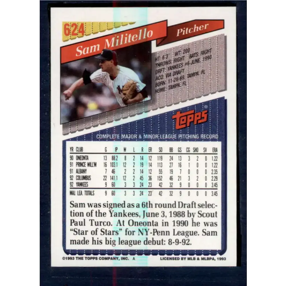 1993 Topps #624 Sam Militello NM-MT New York Yankees Baseball Card - Baseball Card Single