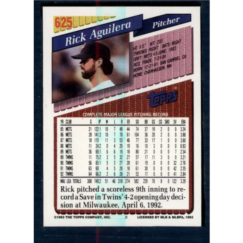 1993 Topps #625 Rick Aguilera NM-MT Minnesota Twins Baseball Card - Baseball Card Single