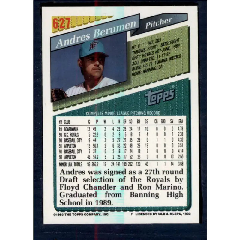 1993 Topps #627 Andres Berumen NM-MT RC Rookie Florida Marlins Baseball Card - Baseball Card Single