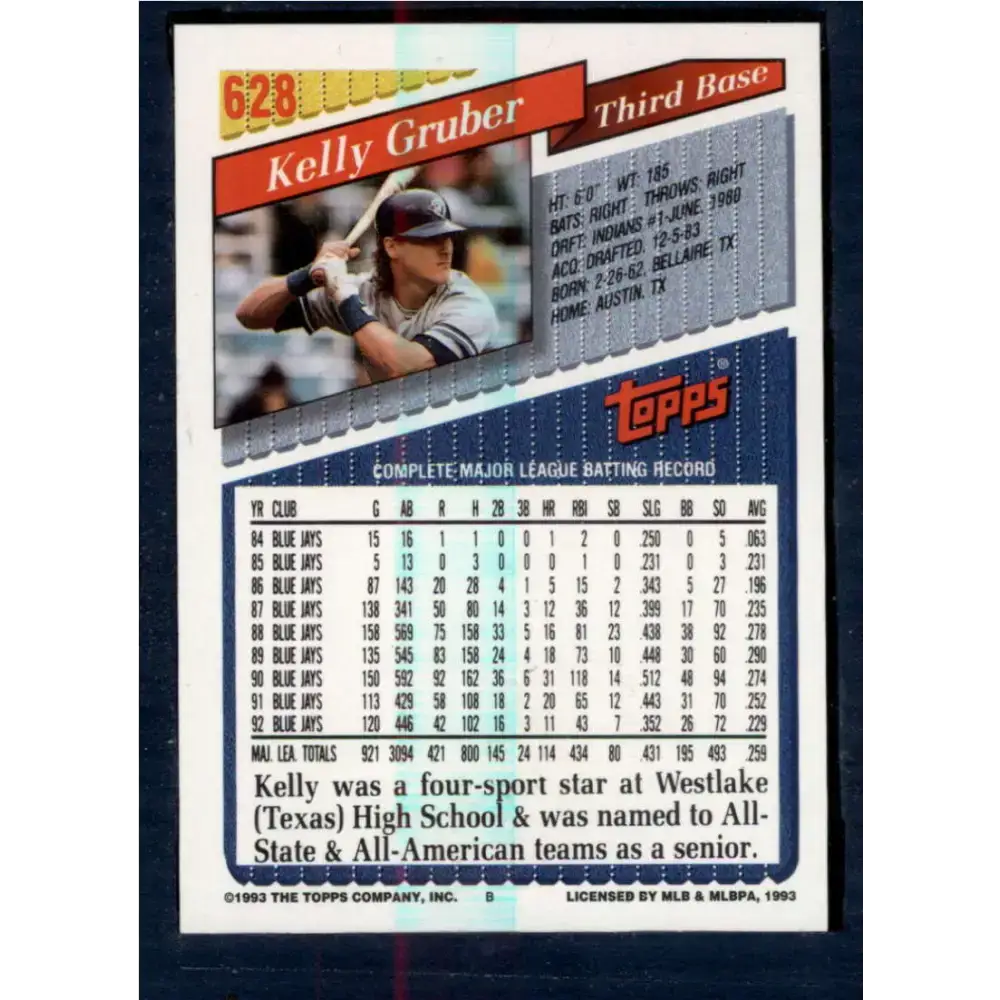 1993 Topps #628 Kelly Gruber NM-MT Toronto Blue Jays Baseball Card - Baseball Card Single