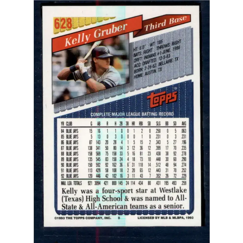 1993 Topps #628 Kelly Gruber NM-MT Toronto Blue Jays Baseball Card - Baseball Card Single