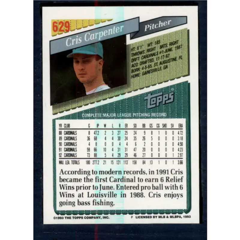 1993 Topps #629 Cris Carpenter NM-MT Florida Marlins Baseball Card - Baseball Card Single