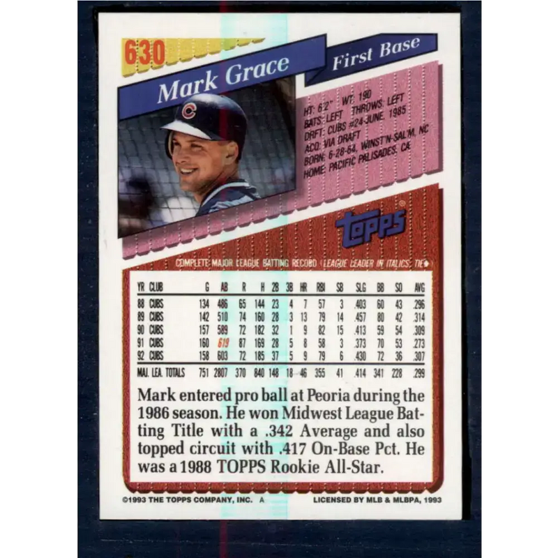 1993 Topps #630 Mark Grace NM-MT Chicago Cubs Baseball Card - Baseball Card Single