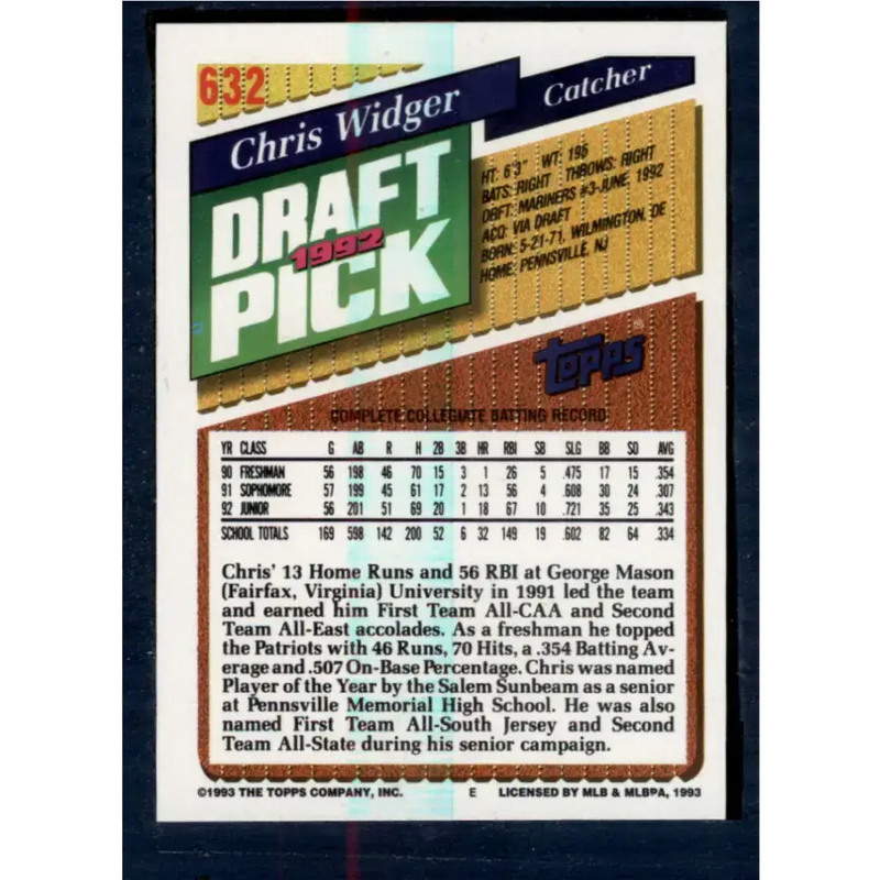 1993 Topps #632 Chris Widger NM-MT RC Rookie Seattle Mariners Baseball Card - Baseball Card Single