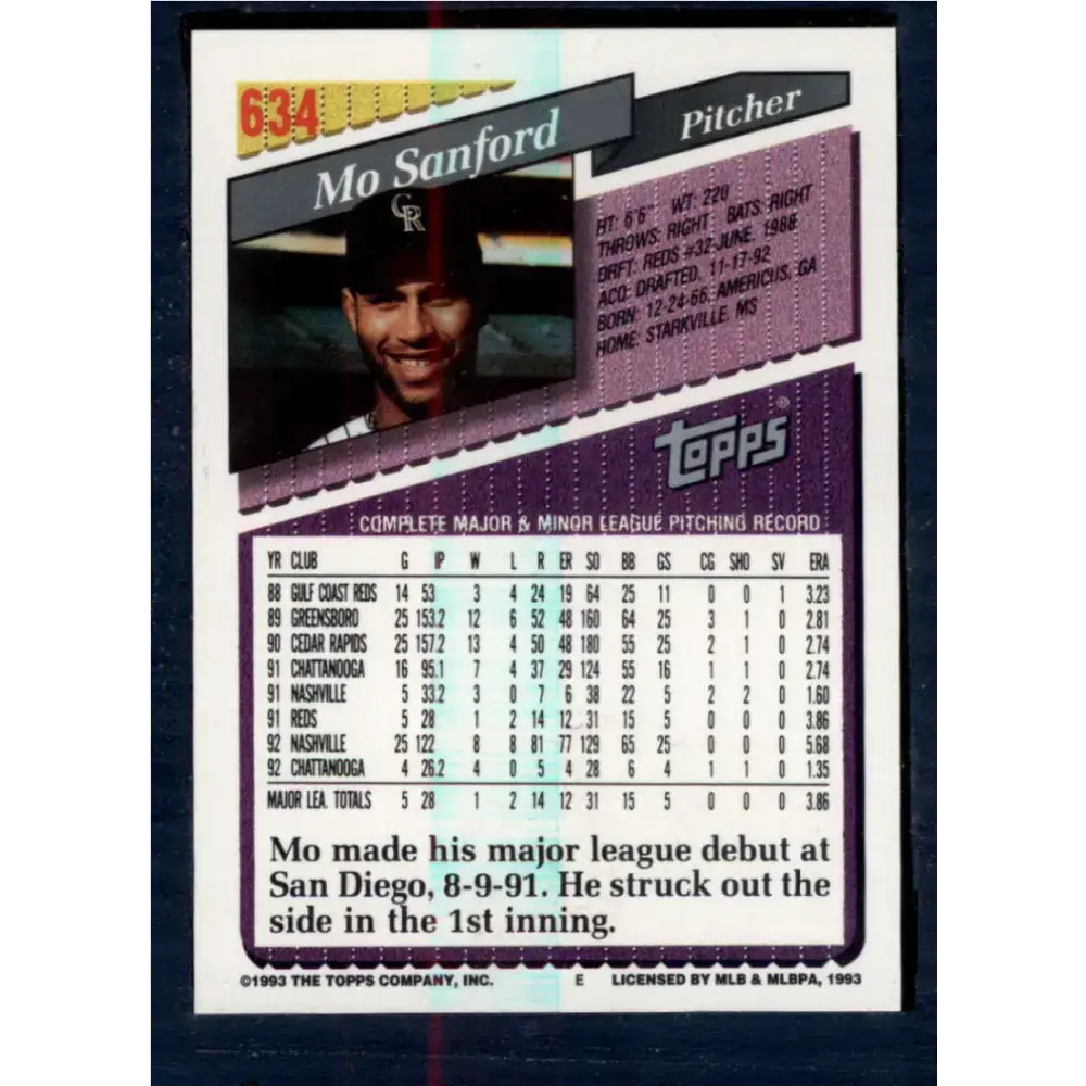 1993 Topps #634 Mo Sanford NM-MT Colorado Rockies Baseball Card - Baseball Card Single