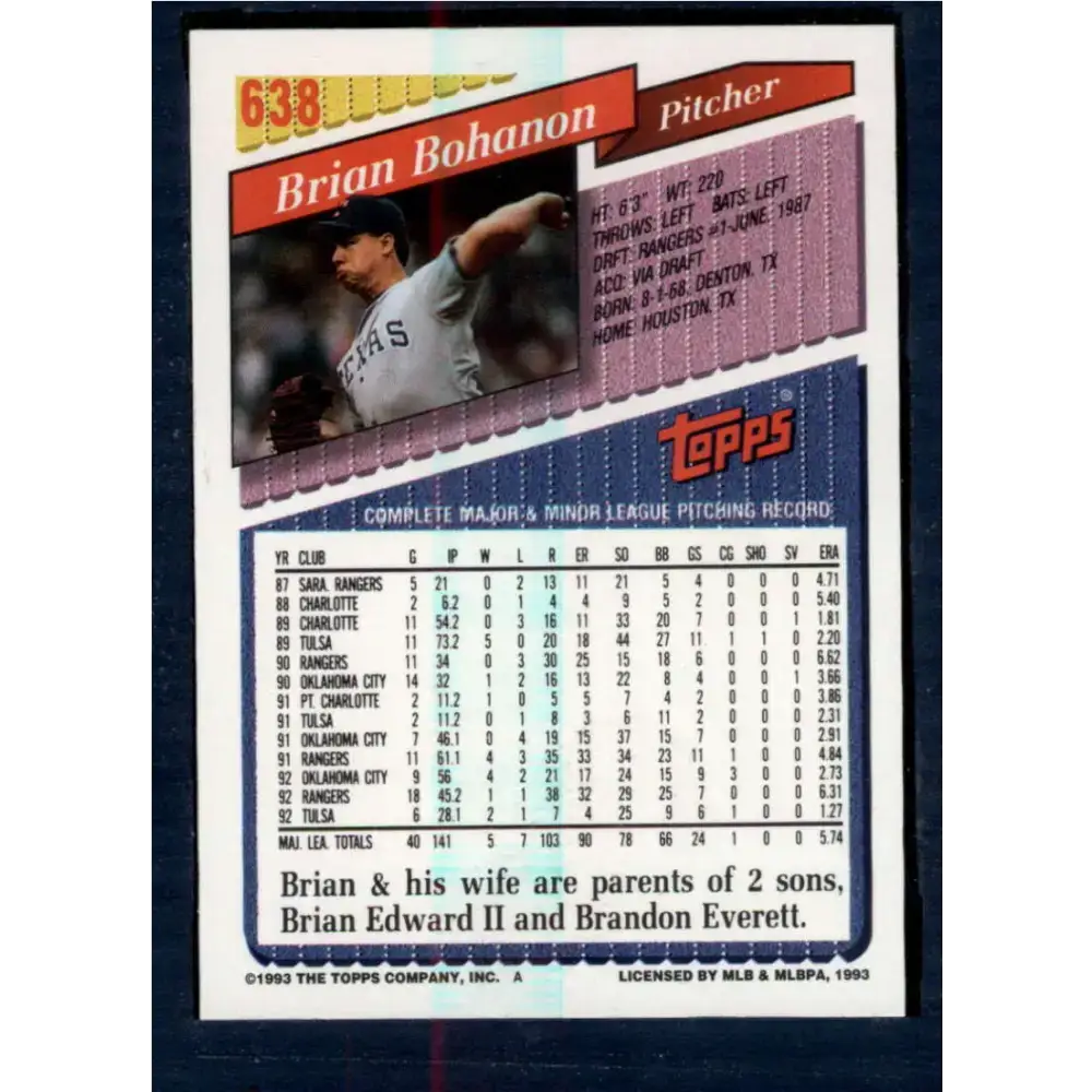 1993 Topps #638 Brian Bohanon NM-MT Texas Rangers Baseball Card - Baseball Card Single