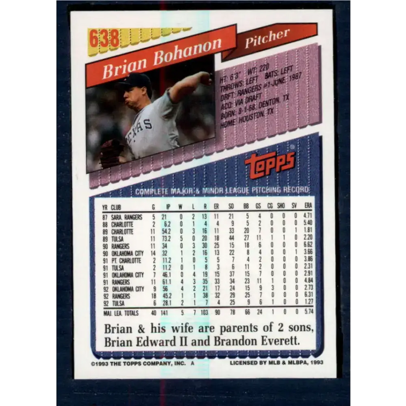 1993 Topps #638 Brian Bohanon NM-MT Texas Rangers Baseball Card - Baseball Card Single