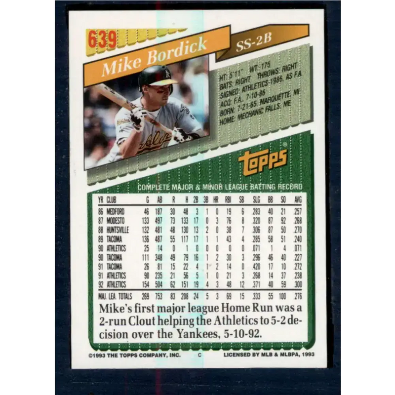 1993 Topps #639 Mike Bordick NM-MT Oakland Athletics Baseball Card - Baseball Card Single