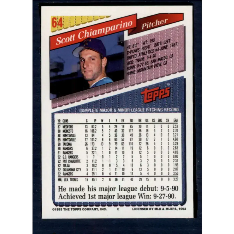 1993 Topps #64 Scott Chiamparino NM-MT Texas Rangers Baseball Card