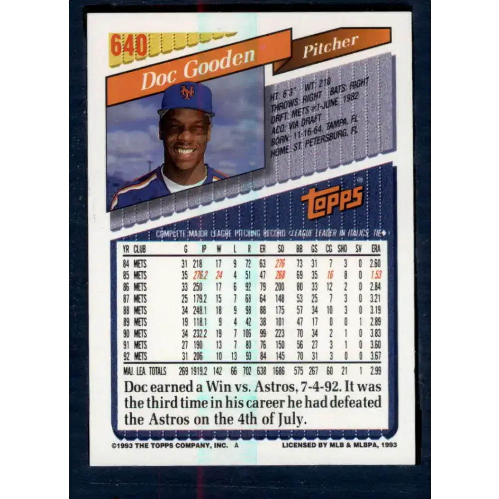 1993 Topps #640 Dwight Gooden NM-MT New York Mets Baseball Card - Baseball Card Single