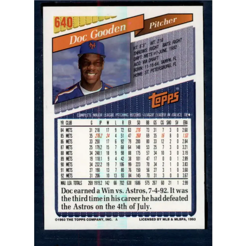 1993 Topps #640 Dwight Gooden NM-MT New York Mets Baseball Card - Baseball Card Single