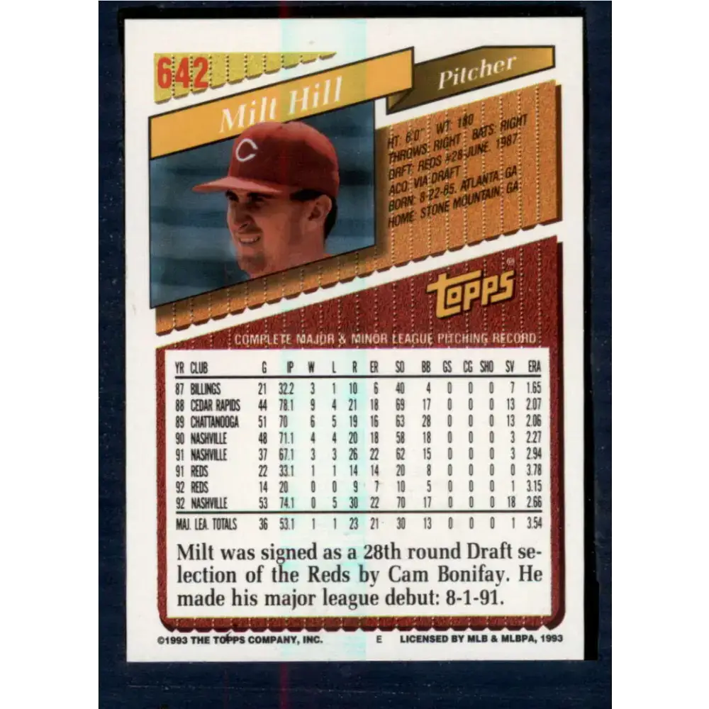 1993 Topps #642 Milt Hill NM-MT Cincinnati Reds Baseball Card - Baseball Card Single