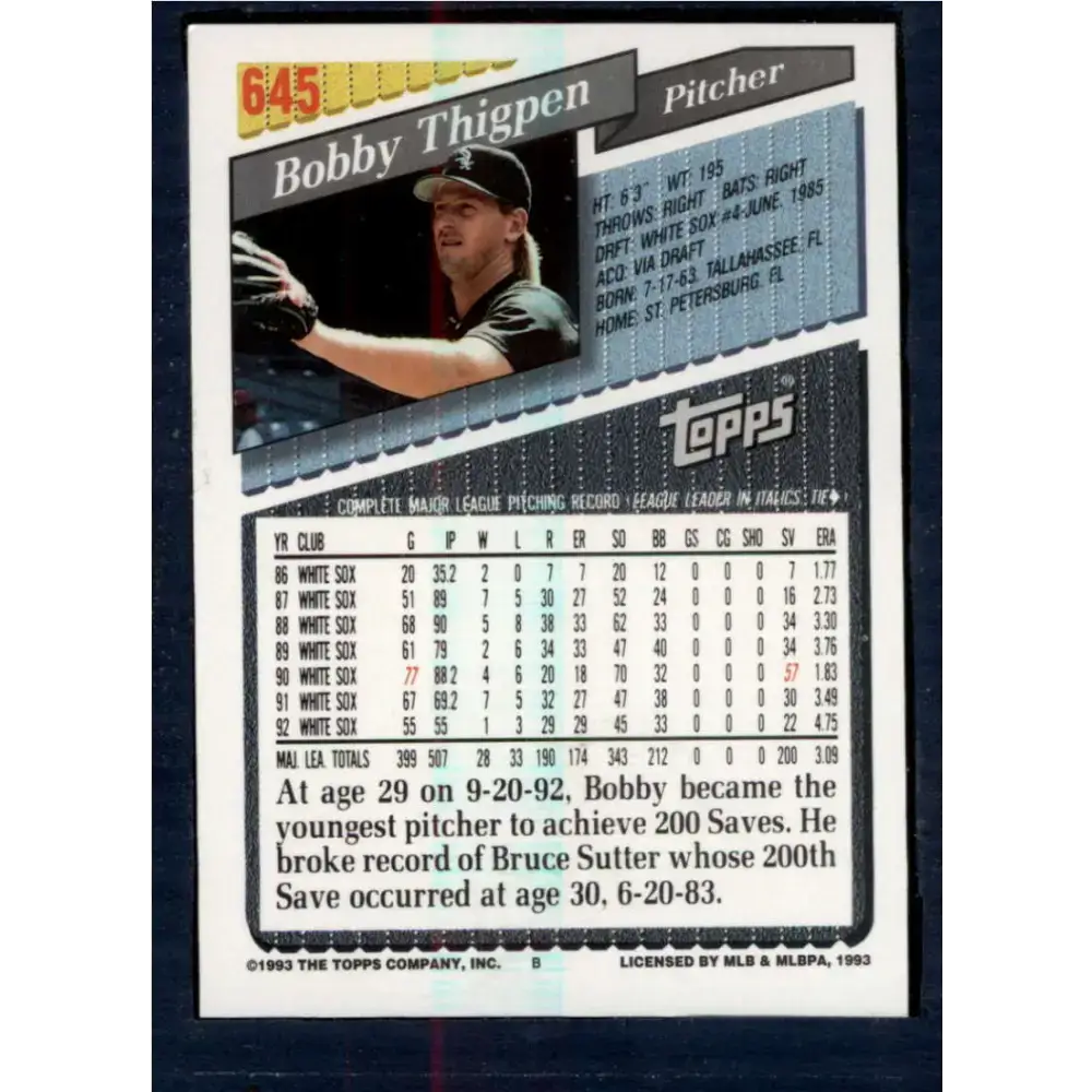 1993 Topps #645 Bobby Thigpen NM-MT Chicago White Sox Baseball Card - Baseball Card Single