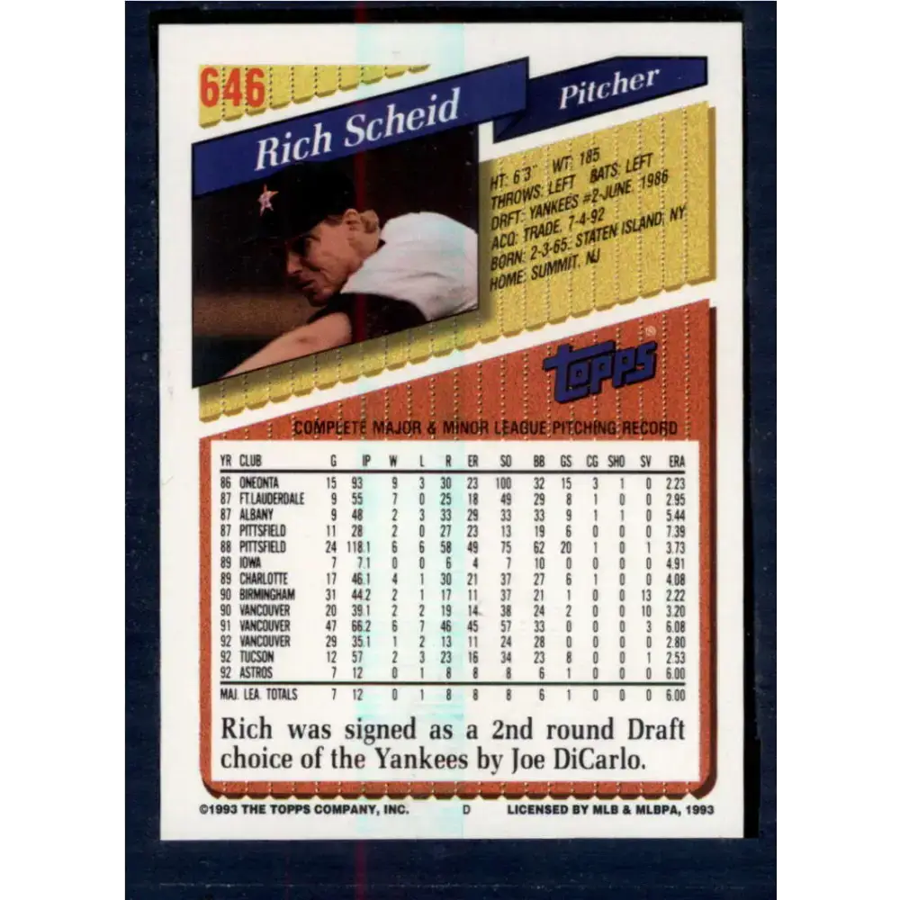 1993 Topps #646 Rich Scheid NM-MT RC Rookie Houston Astros Baseball Card - Baseball Card Single