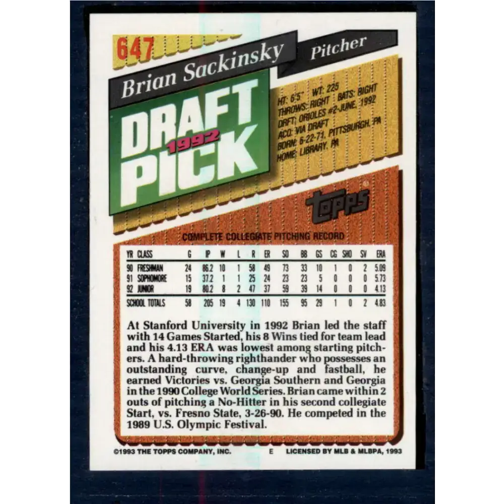1993 Topps #647 Brian Sackinsky NM-MT RC Rookie Baltimore Orioles Baseball Card - Baseball Card Single