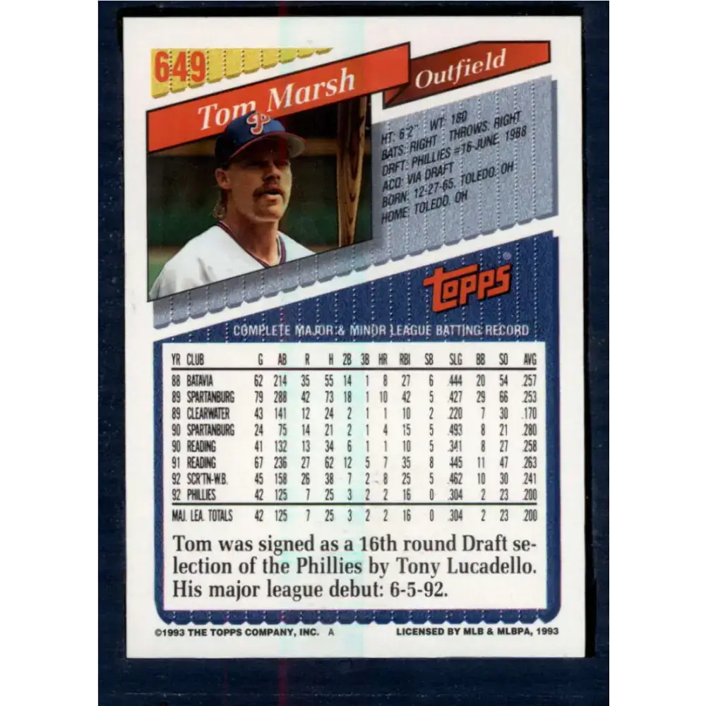 1993 Topps #649 Tom Marsh NM-MT Philadelphia Phillies Baseball Card - Baseball Card Single