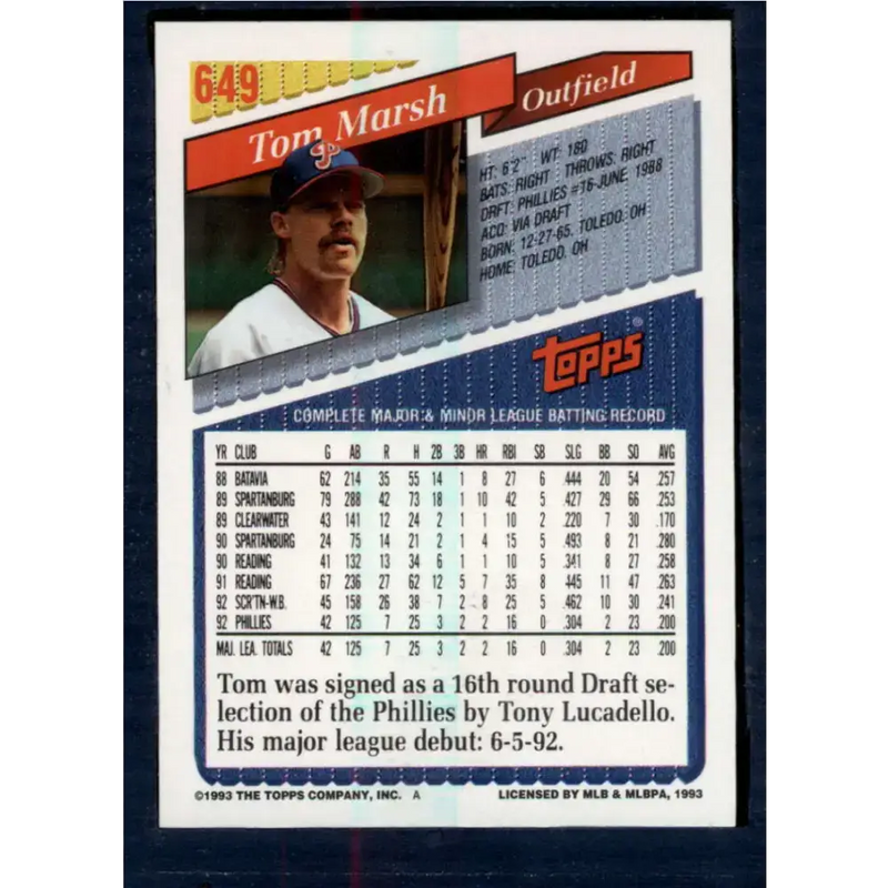 1993 Topps #649 Tom Marsh NM-MT Philadelphia Phillies Baseball Card - Baseball Card Single