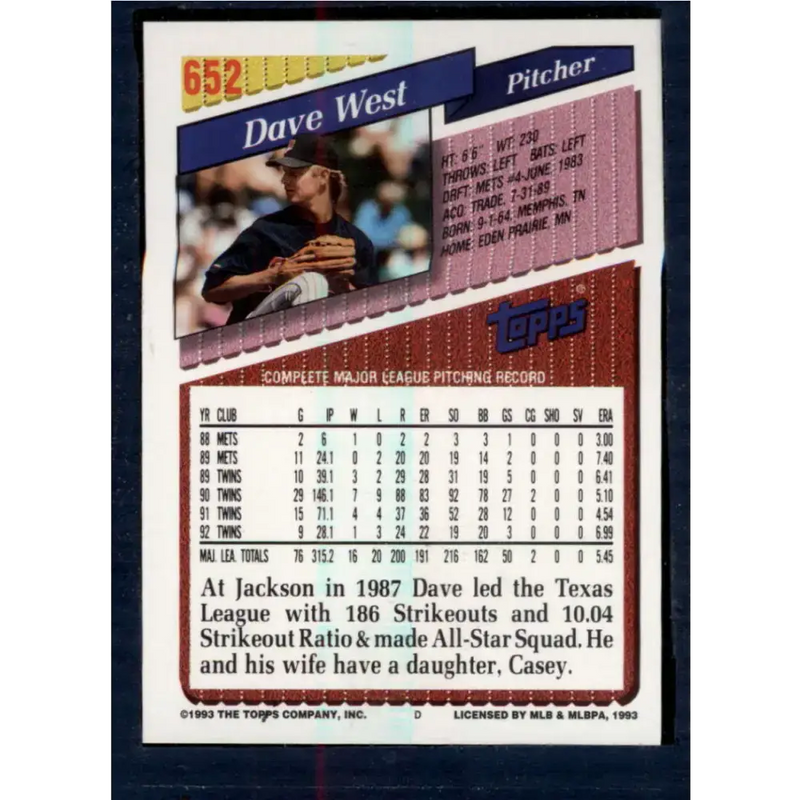 1993 Topps #652 David West NM-MT Minnesota Twins Baseball Card - Baseball Card Single