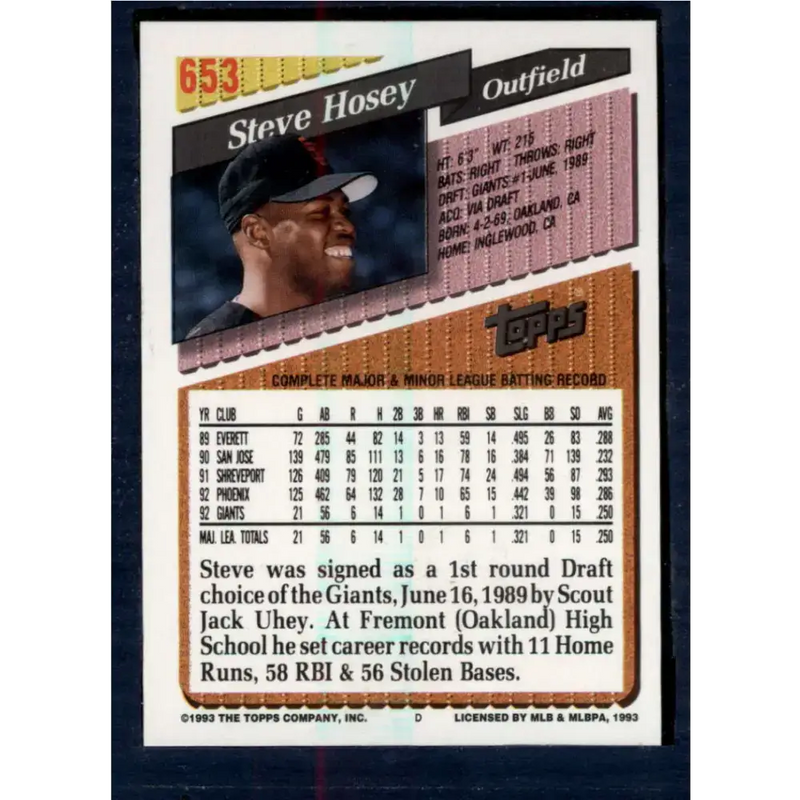 1993 Topps #653 Steve Hosey NM-MT San Francisco Giants Baseball Card - Baseball Card Single