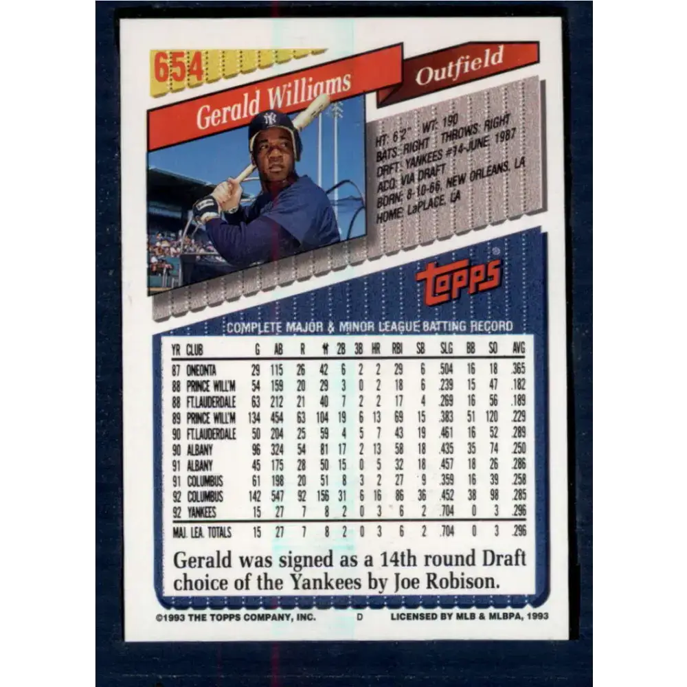 1993 Topps #654 Gerald Williams NM-MT New York Yankees Baseball Card - Baseball Card Single