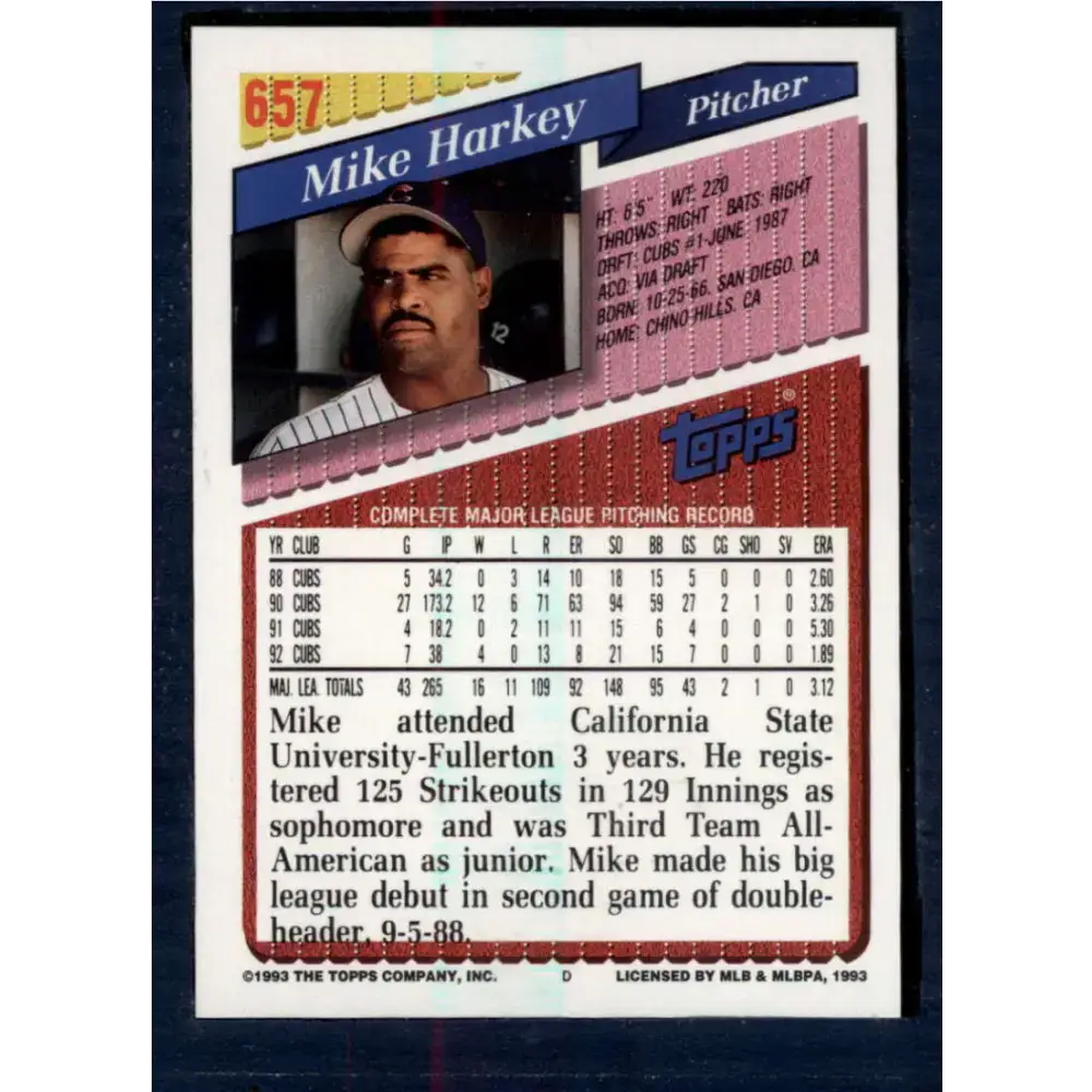 1993 Topps #657 Mike Harkey NM-MT Chicago Cubs Baseball Card - Baseball Card Single