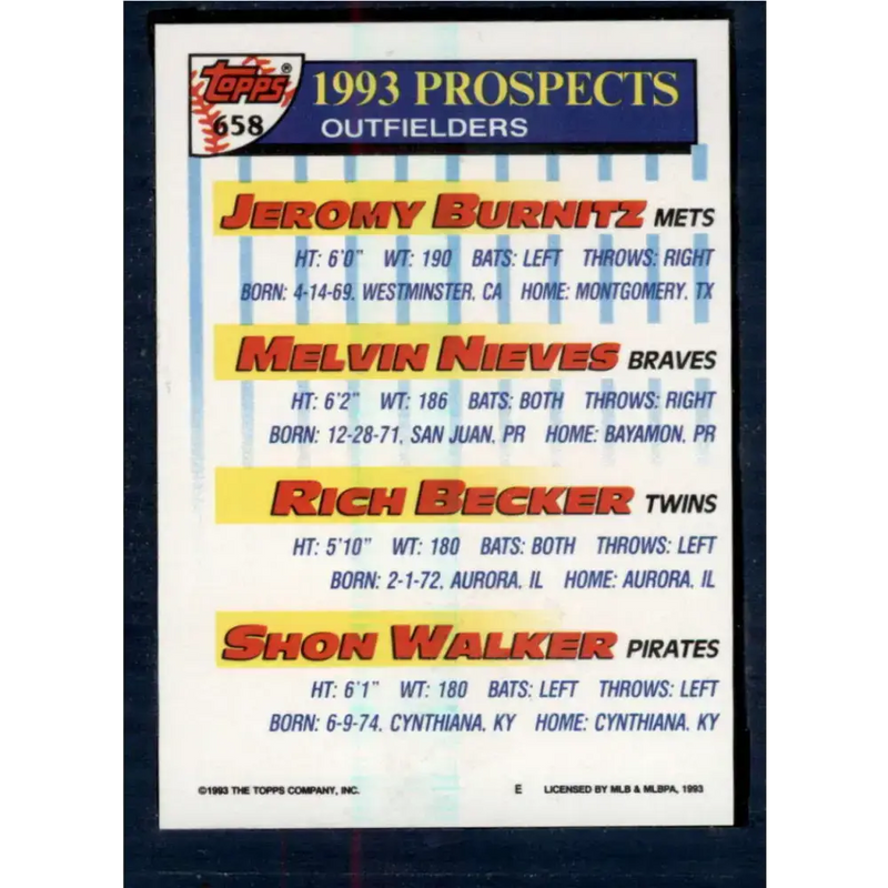 1993 Topps #658 Jeromy Burnitz/Melvin Nieves/Rich Becker/Shon Walker NM-MT RC Rookie New York Mets/Atlanta