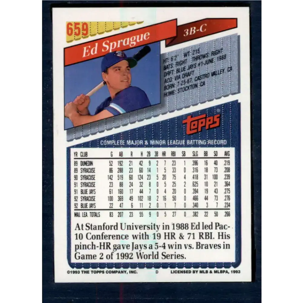 1993 Topps #659 Ed Sprague NM-MT Toronto Blue Jays Baseball Card - Baseball Card Single