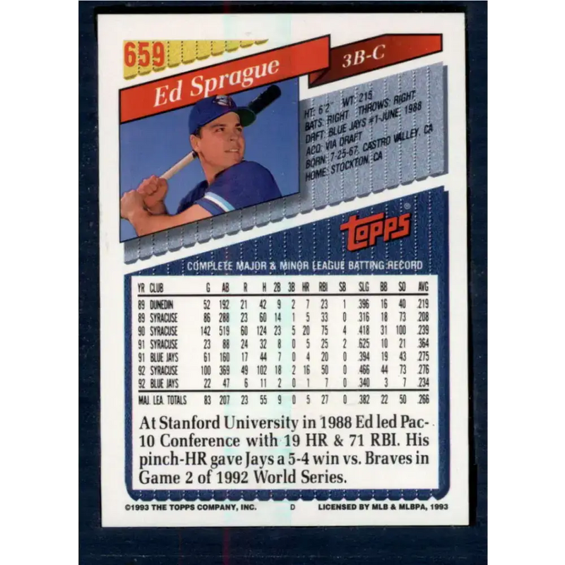 1993 Topps #659 Ed Sprague NM-MT Toronto Blue Jays Baseball Card - Baseball Card Single
