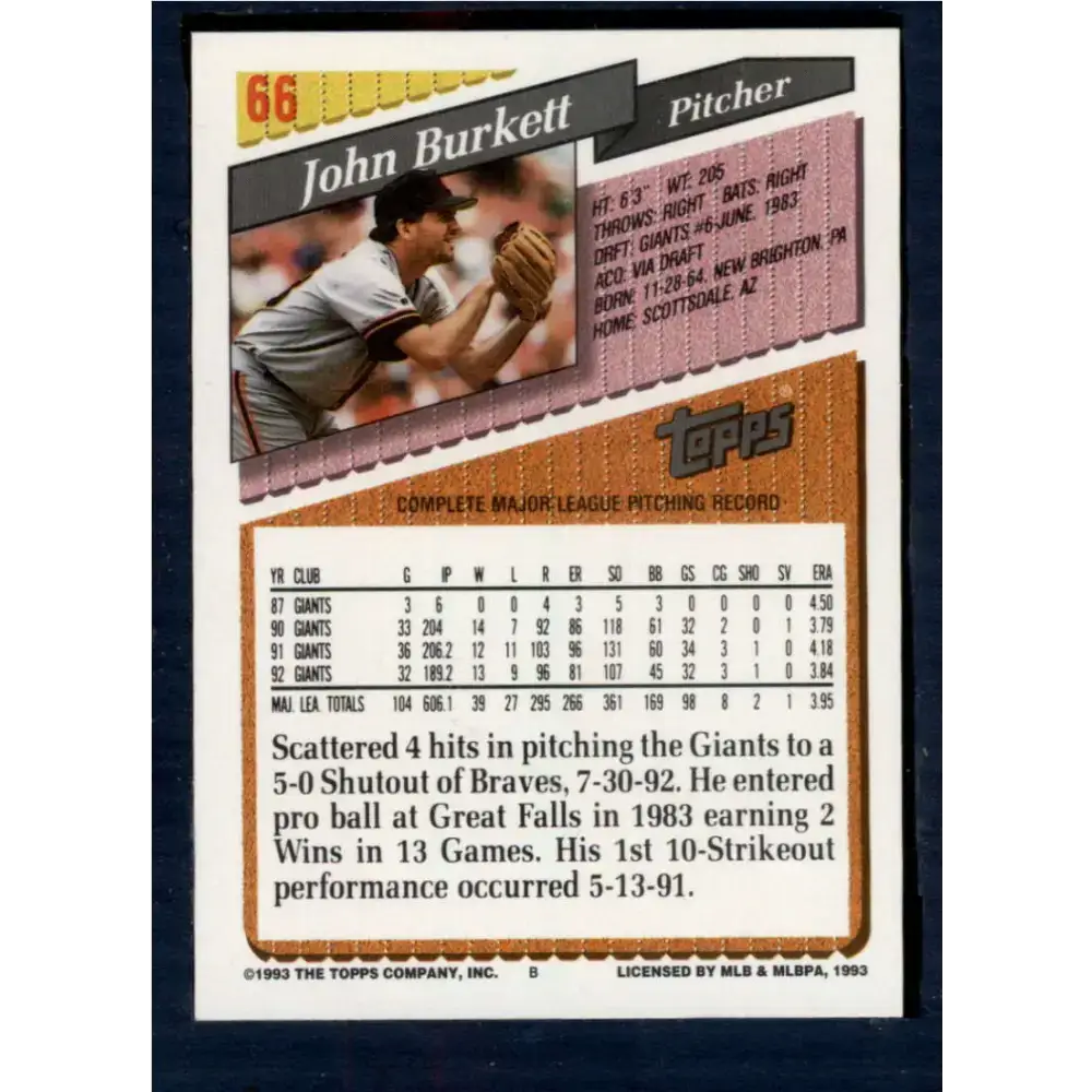 1993 Topps #66 John Burkett NM-MT San Francisco Giants Baseball Card - Baseball Card Single