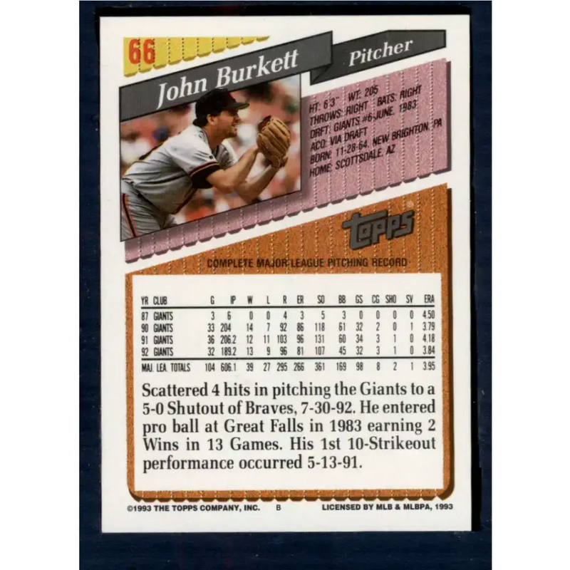 1993 Topps #66 John Burkett NM-MT San Francisco Giants Baseball Card - Baseball Card Single