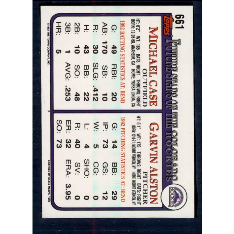 1993 Topps #661 Garvin Alston/Michael Case NM-MT RC Rookie Colorado Rockies Baseball Card - Baseball Card Single