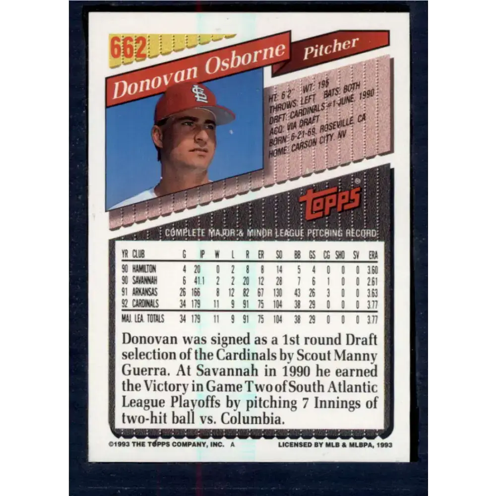 1993 Topps #662 Donovan Osborne NM-MT St. Louis Cardinals Baseball Card - Baseball Card Single