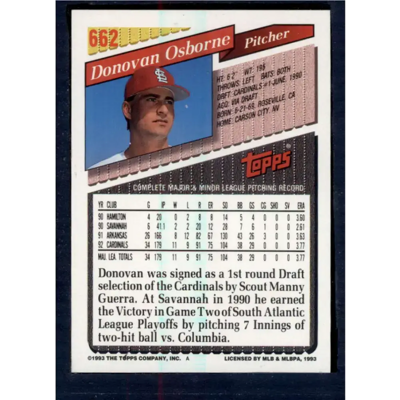 1993 Topps #662 Donovan Osborne NM-MT St. Louis Cardinals Baseball Card - Baseball Card Single