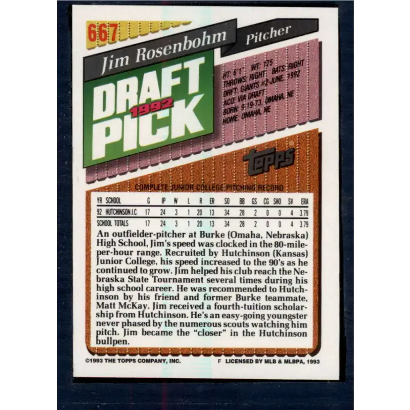 1993 Topps #667 Jim Rosenbohm NM-MT RC Rookie San Francisco Giants Baseball Card - Baseball Card Single