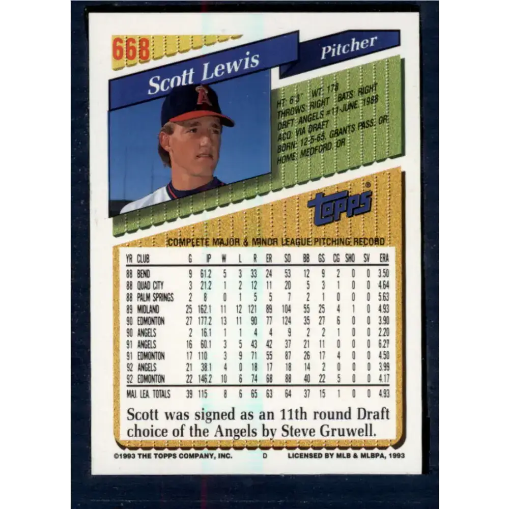 1993 Topps #668 Scott Lewis NM-MT California Angels Baseball Card - Baseball Card Single