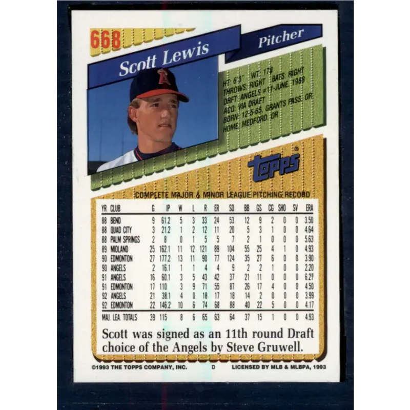 1993 Topps #668 Scott Lewis NM-MT California Angels Baseball Card - Baseball Card Single
