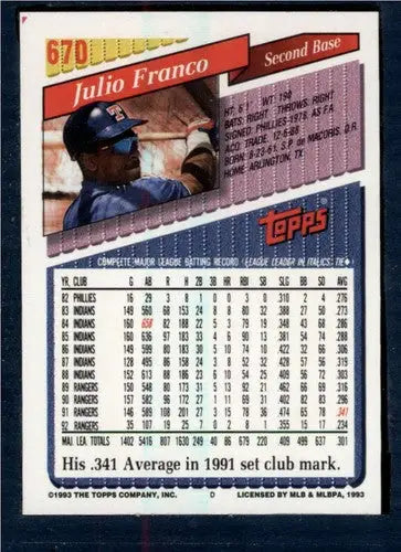 1993 Topps #670 Julio Franco NM Near Mint Rangers ID:82562 - Baseball Card Single