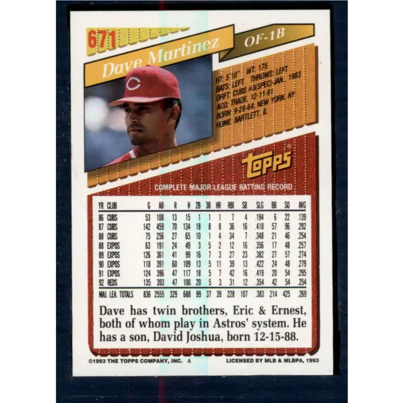 1993 Topps #671 Dave Martinez NM-MT Cincinnati Reds Baseball Card
