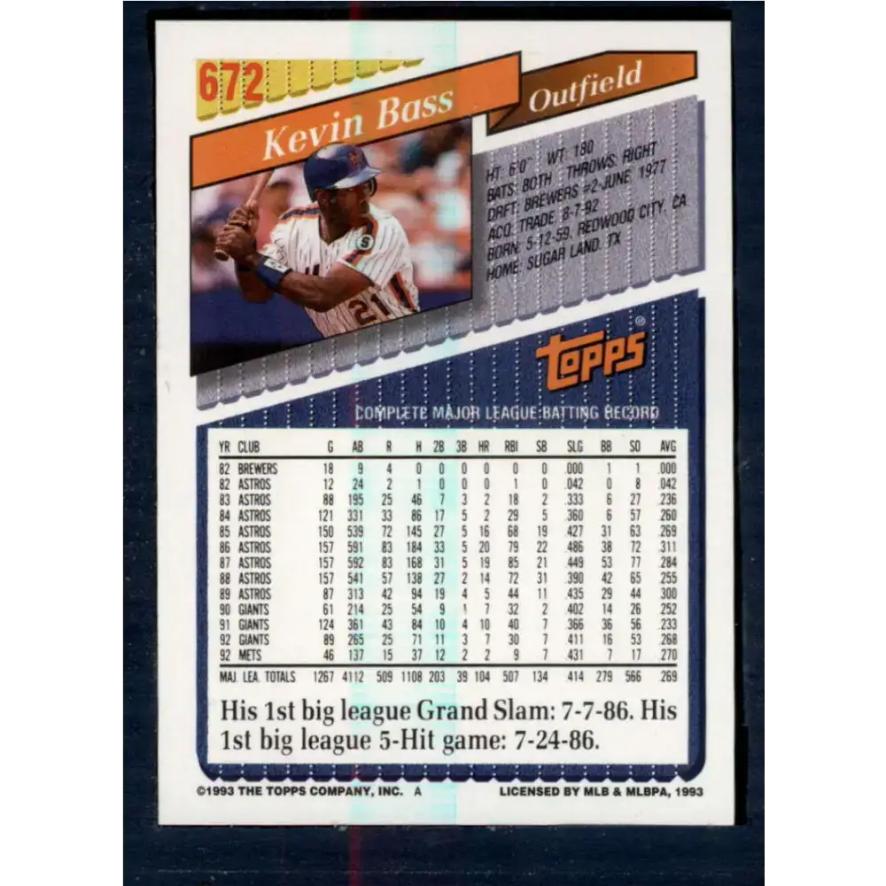 1993 Topps #672 Kevin Bass NM-MT New York Mets Baseball Card - Baseball Card Single