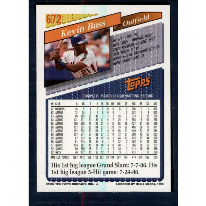 1993 Topps #672 Kevin Bass NM-MT New York Mets Baseball Card - Baseball Card Single