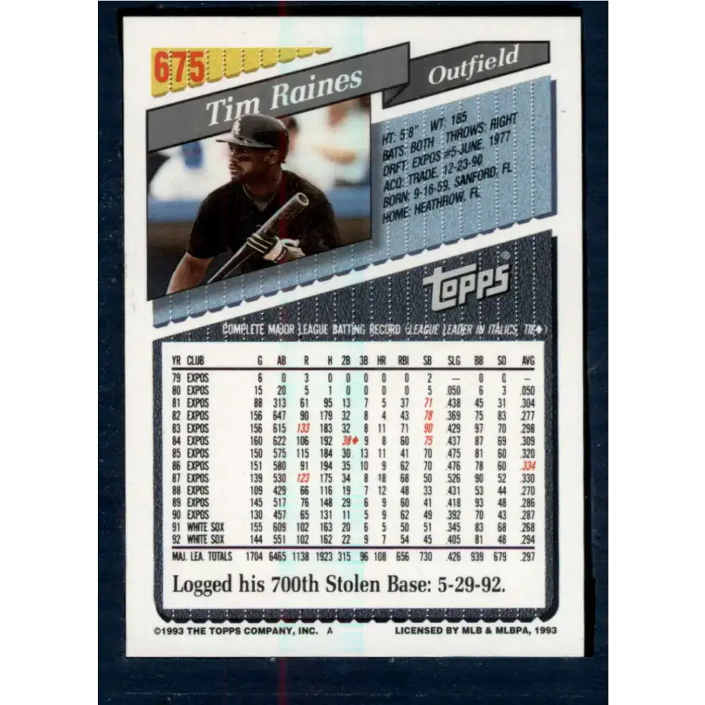 1993 Topps #675 Tim Raines NM-MT Chicago White Sox Baseball Card - Baseball Card Single