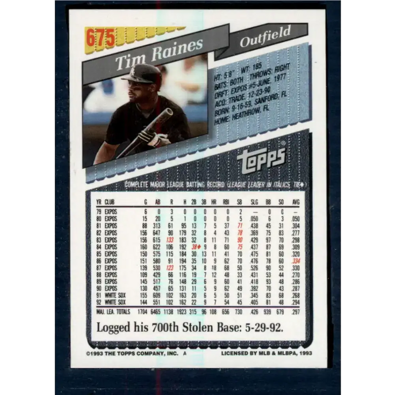 1993 Topps #675 Tim Raines NM-MT Chicago White Sox Baseball Card - Baseball Card Single