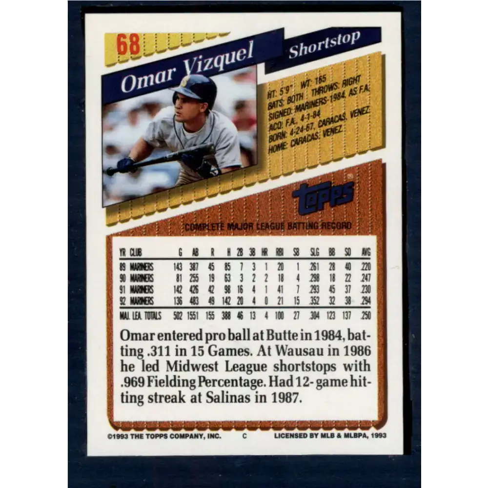 1993 Topps #68 Omar Vizquel NM-MT Seattle Mariners Baseball Card - Baseball Card Single