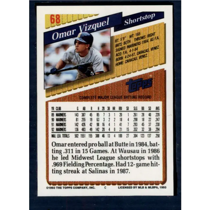 1993 Topps #68 Omar Vizquel NM-MT Seattle Mariners Baseball Card - Baseball Card Single