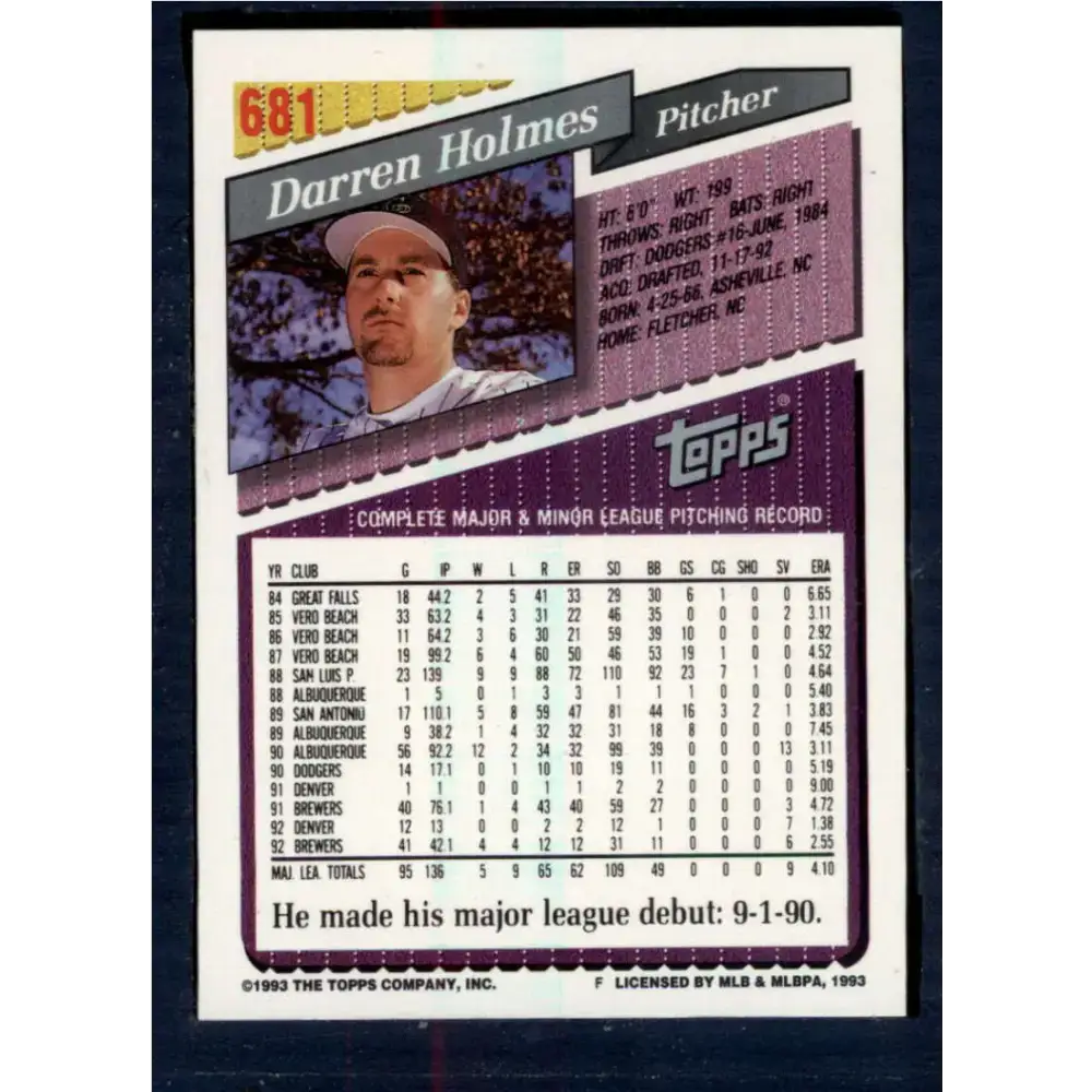 1993 Topps #681 Darren Holmes NM-MT Colorado Rockies Baseball Card