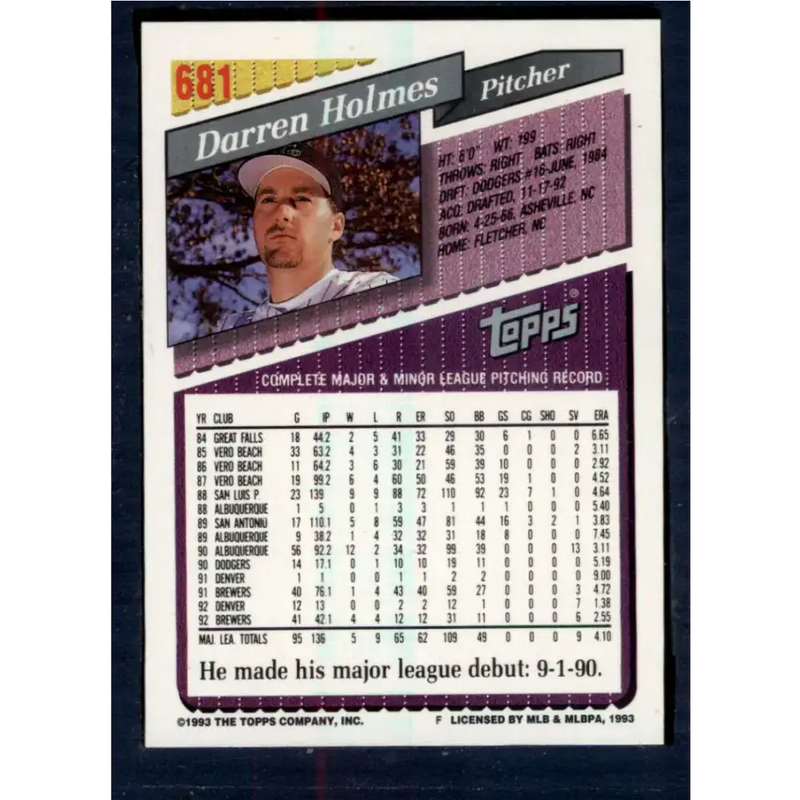 1993 Topps #681 Darren Holmes NM-MT Colorado Rockies Baseball Card