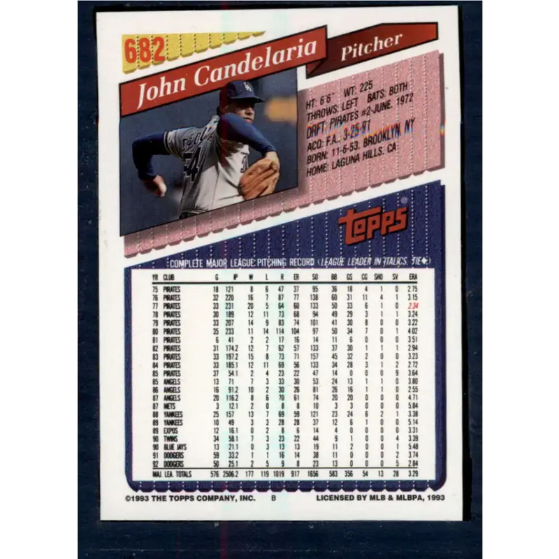1993 Topps #682 John Candelaria NM-MT Los Angeles Dodgers Baseball Card - Baseball Card Single