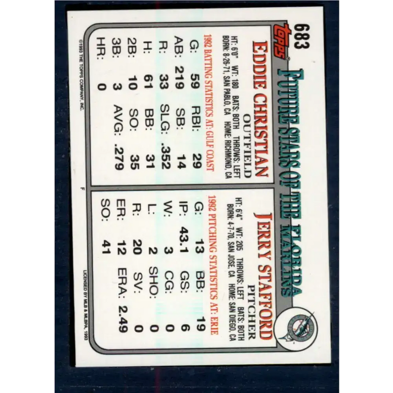 1993 Topps #683 Jerry Stafford/Eddie Christian NM-MT RC Rookie Florida Marlins Baseball Card - Baseball Card Single